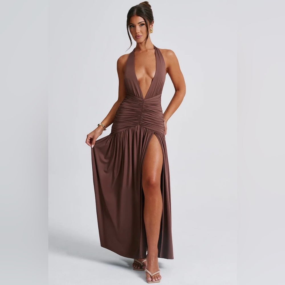 Plunging Halter Ruched Maxi Dress - Brown